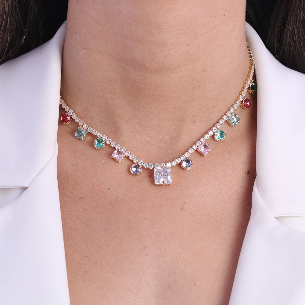 Clt-5433-Fo (35cm+10cm) Choker De Riviera E Pedras Coloridas