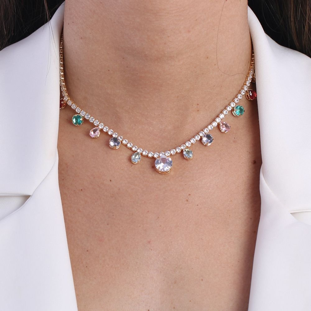 Clt-5434-Fo (35cm+10cm) Choker De Riviera E Pedras De Gotas Coloridas