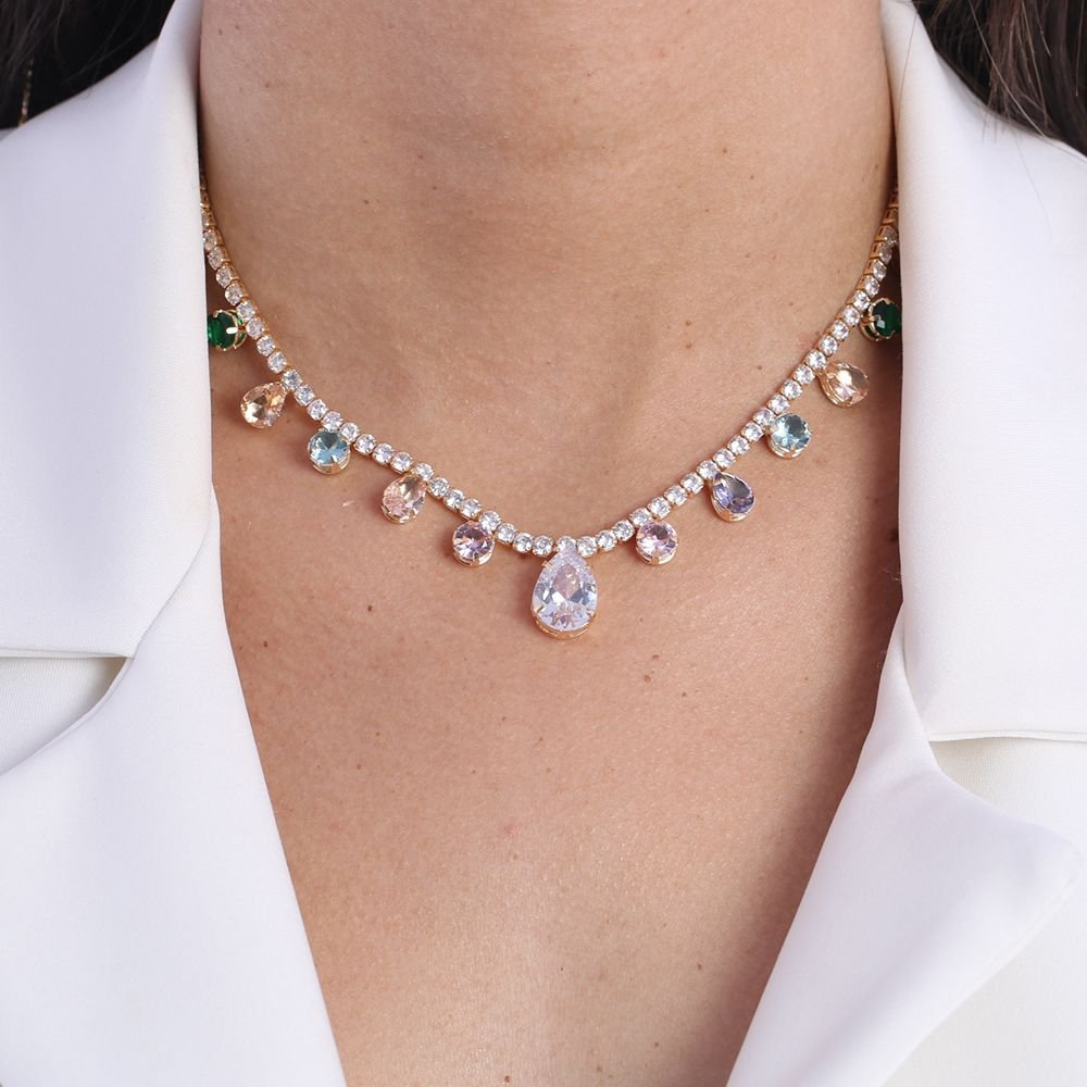 Clt-5435-Fo (35cm+10cm) Choker De Riviera Com Pedras De Gotas Coloridas