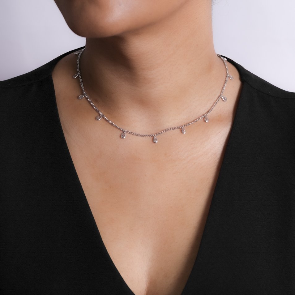 Clt-5497-Rd Choker Cravejada Com Ponto De Luz Oval - Ródio Branco (32cm+10cm).