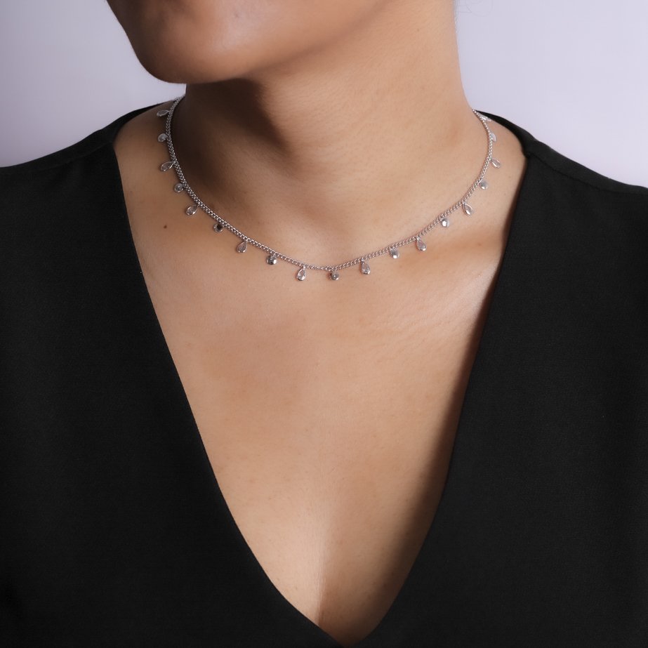 Clt-5498-Rd Choker Com Pontos De Luz Gota E Bolinhas Achatadas - Ródio Branco (32cm+10cm).