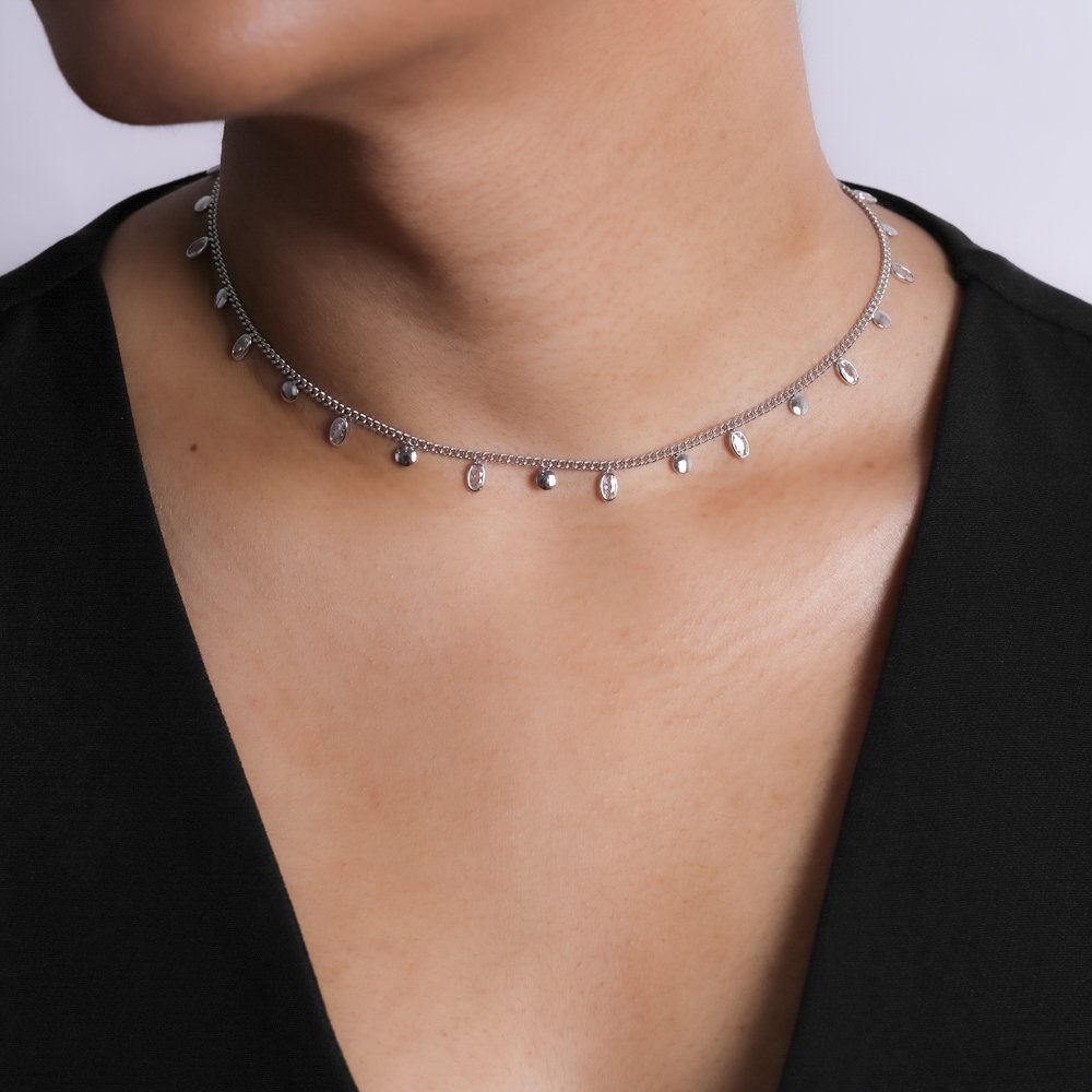 Clt-5499-Rd Choker Com Pontos De Luz Oval E Bolinhas Achatadas - Ródio Branco (32cm+10cm).