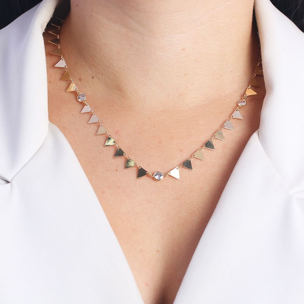 Clt-5564-Fo (37cm+7cm) Colar De Triângulos E Zircônias