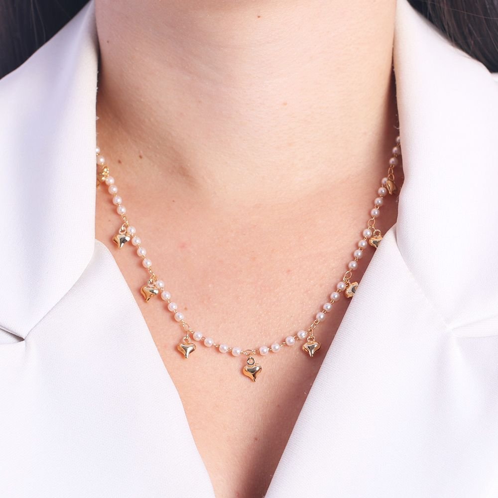 Clt-5568-Fo (50cm+5cm) Colar De Pérolas E Corações