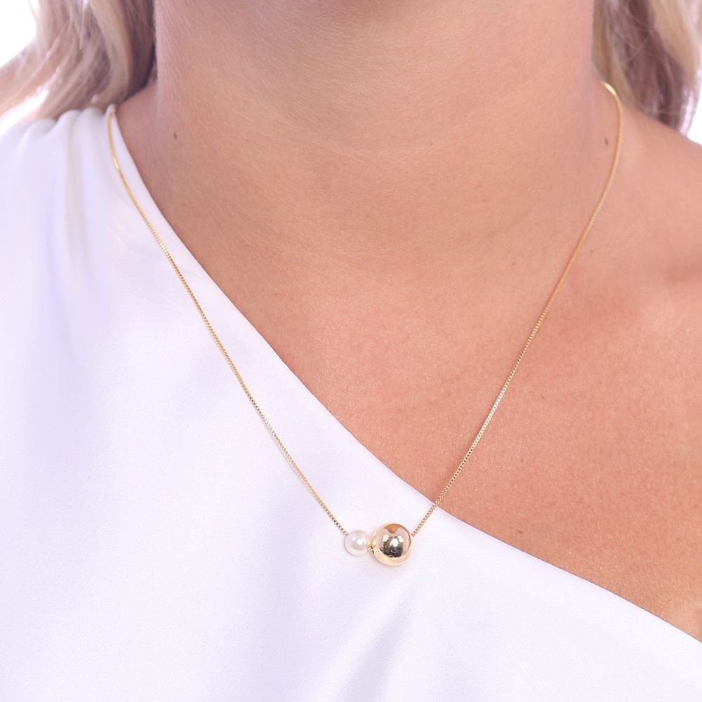 Clt-5611-Fo (45cm+5cm) Colar De Pérola E Bola Lisa