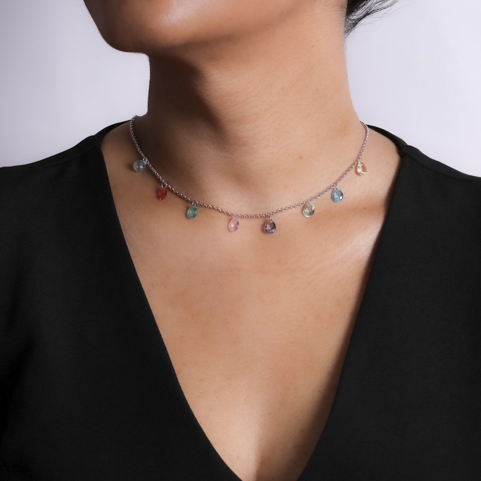 Clt-5749-Rd Choker Com Zircônias Coloridas - Ródio Branco (30cm+10cm).
