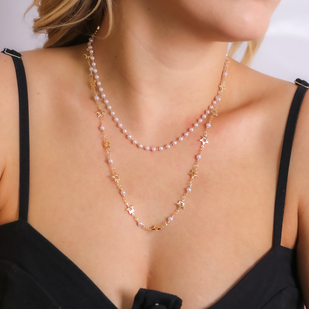 Clt-5763-Fo Colar Duplo De Estrelas Vazadas E Pérolas (35cm/44cm+10cm).