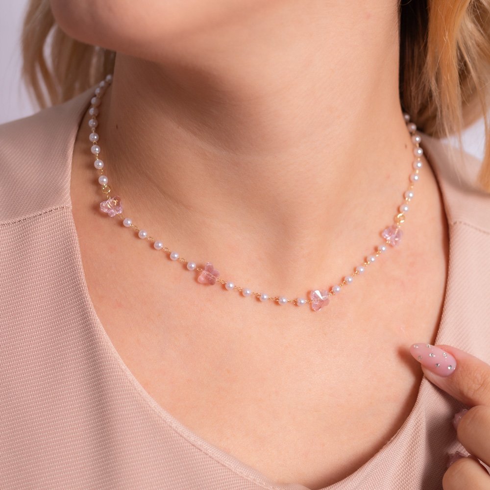 Clt-5765-Do Choker De Borboletas Azul Claro E Pérolas (32cm+10cm).