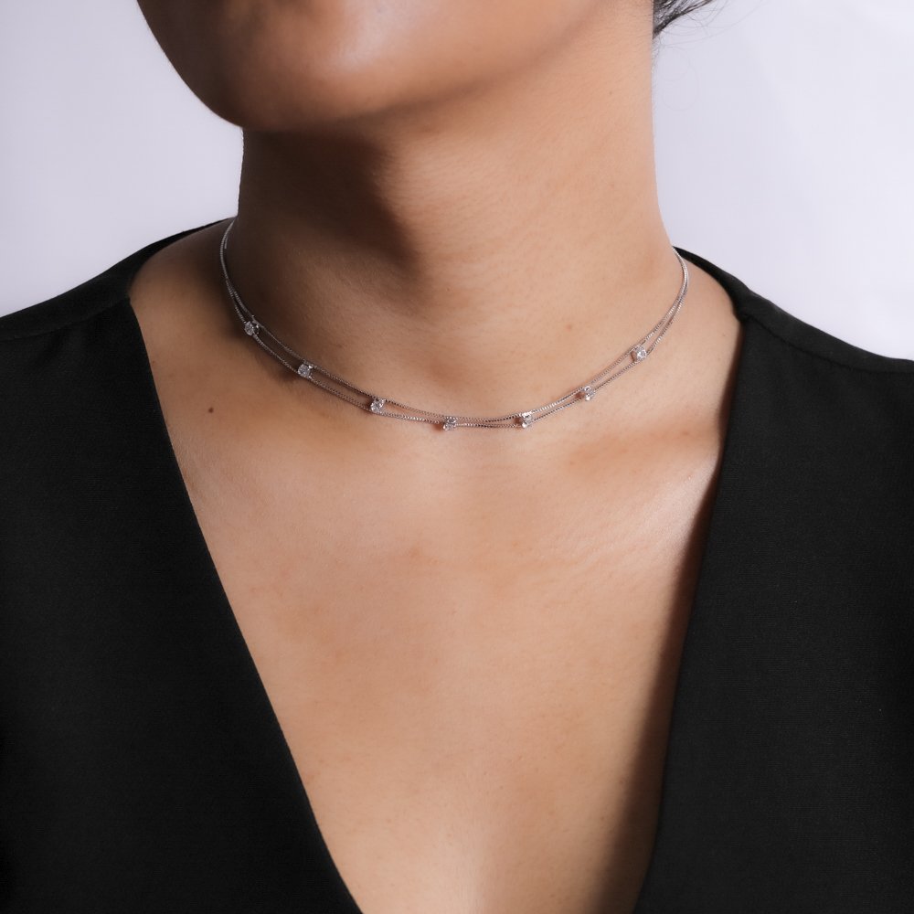 Clt-5803-Rd Choker Fio Duplo Com Zircônias Cristal - Ródio Branco (30cm+10cm).