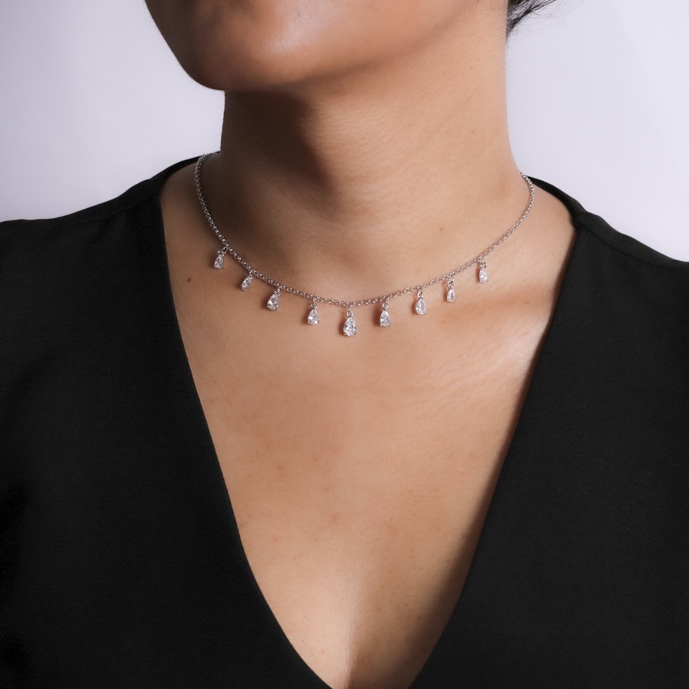 Clt-5804-Rd Choker Com Zircônias Cristais - Ródio Branco (30cm+10cm).