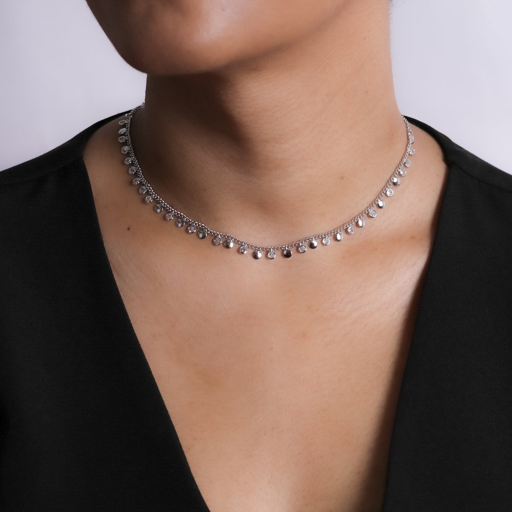 Clt-5805-Rd Choker&Nbsp; Ponto De Luz Cristal E Bolinhas Achatadas - Ródio Branco (30cm+10cm).