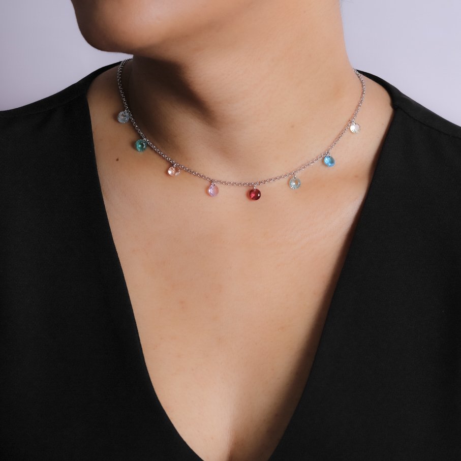 Clt-5806-Rd Choker Com Zircônias Coloridas - Ródio Branco (30cm+10cm).