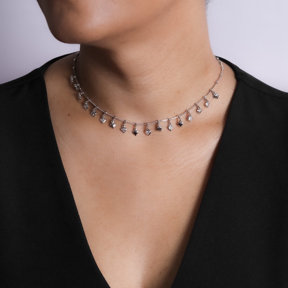 Clt-5807-Rd Choker De Corações Cravejado E Liso - Ródio Branco (30cm+10cm).