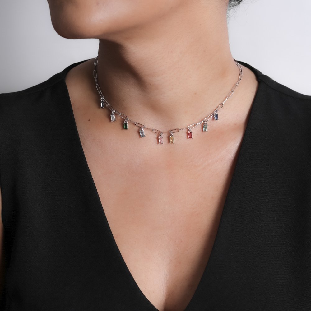 Clt-5808-Rd Choker Cravejada Colorida - Ródio Branco (30cm+10cm).