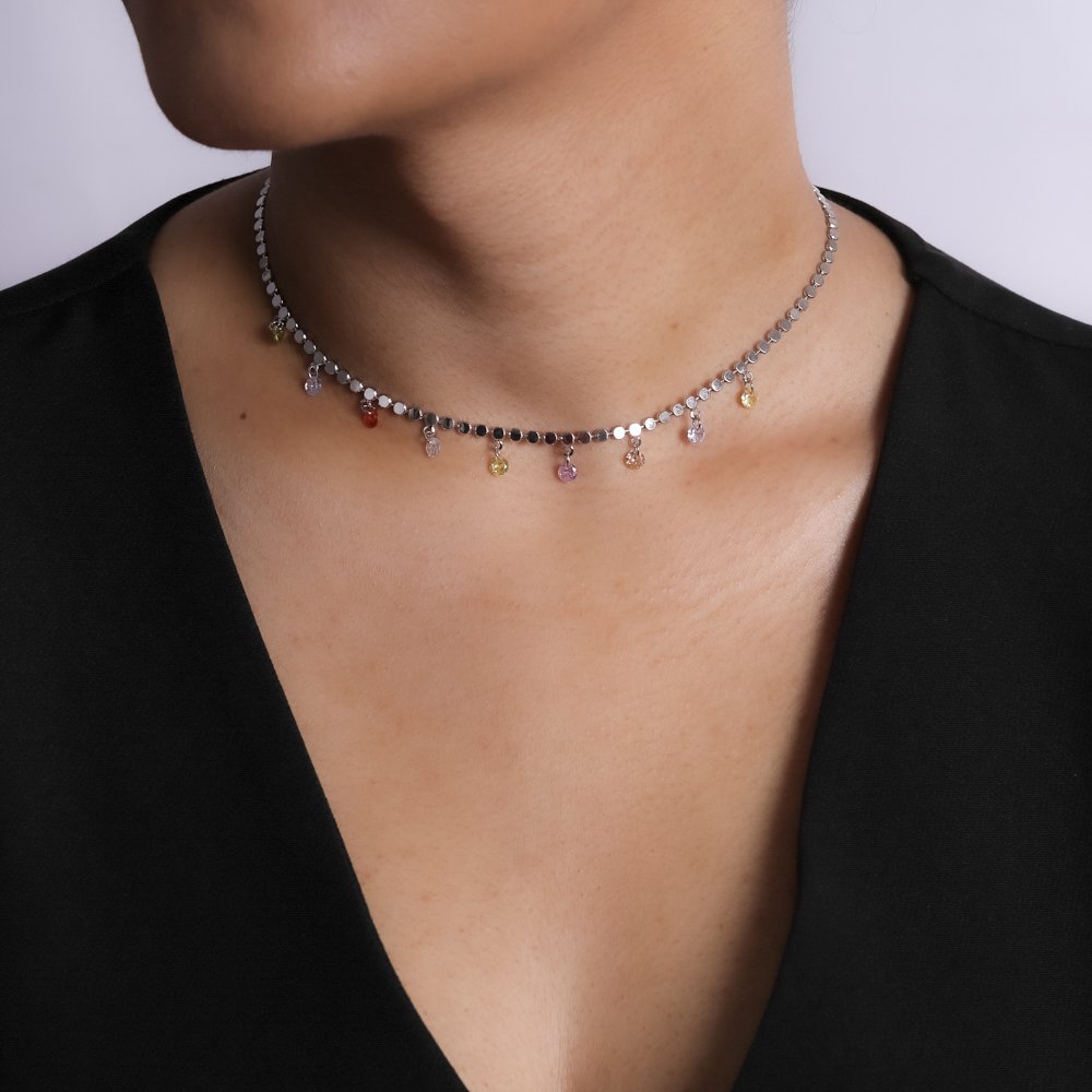 Clt-5809-Rd Choker De Bolinhas Achatadas Com Zircônias Coloridas - Ródio Branco (30cm+10cm).