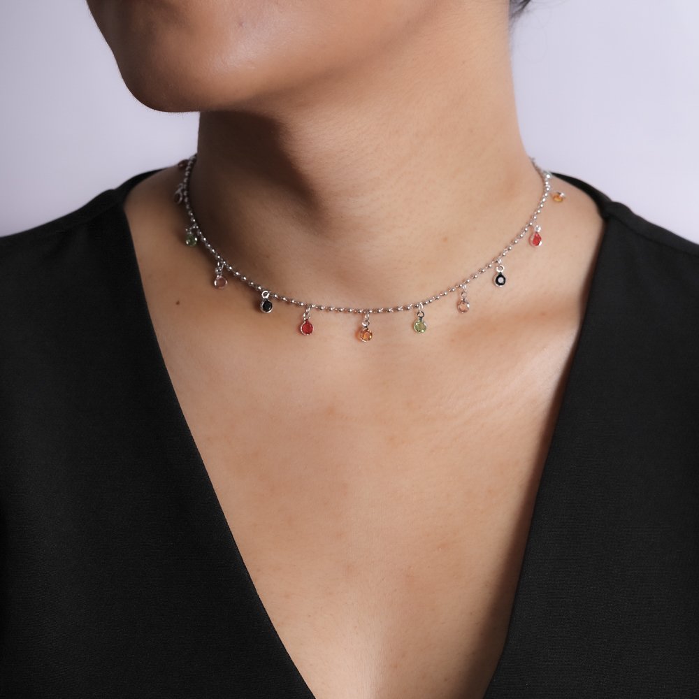 Clt-5810-Rd Choker De Bolinhas Com Zircônias Coloridas - Ródio Branco (30cm+10cm).