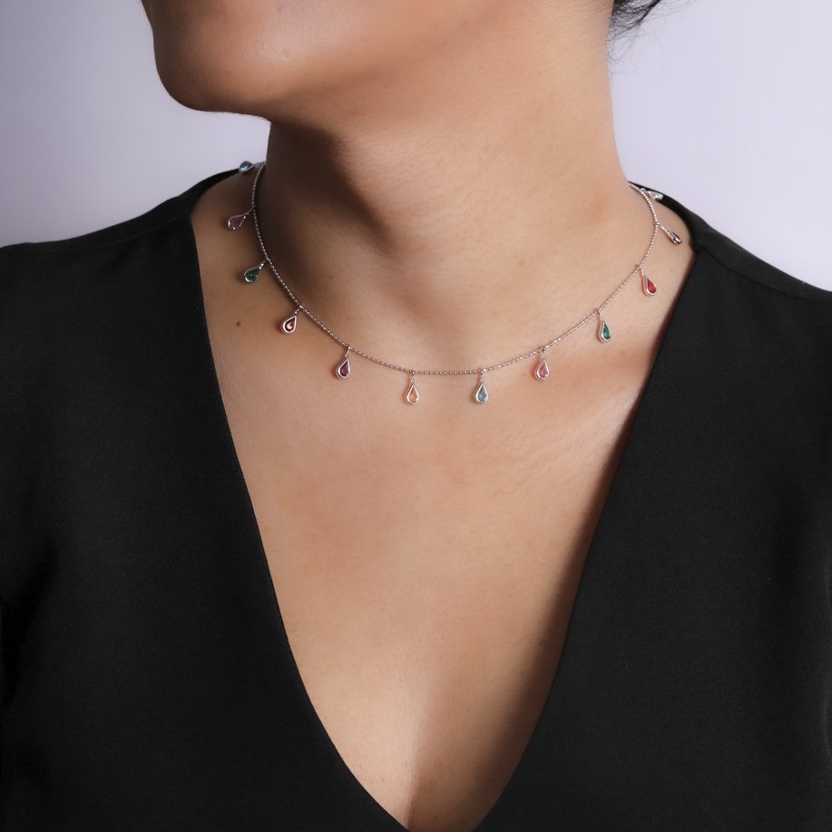 Clt-5811-Rd Choker Com Zircôias Coloridas - Ródio Branco (30cm+10cm).