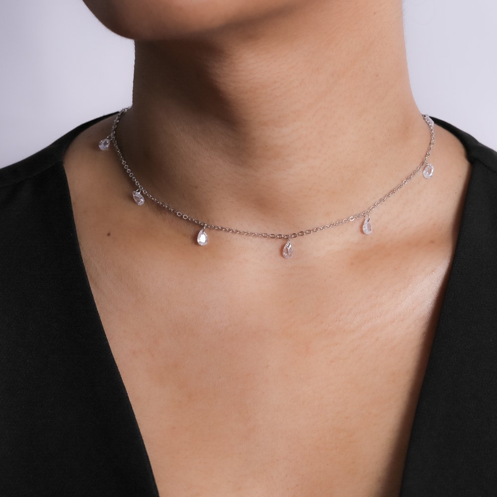 Clt-5812-Rd Choker Com Pontos De Luz Cristais - Ródio Branco (30cm+10cm).