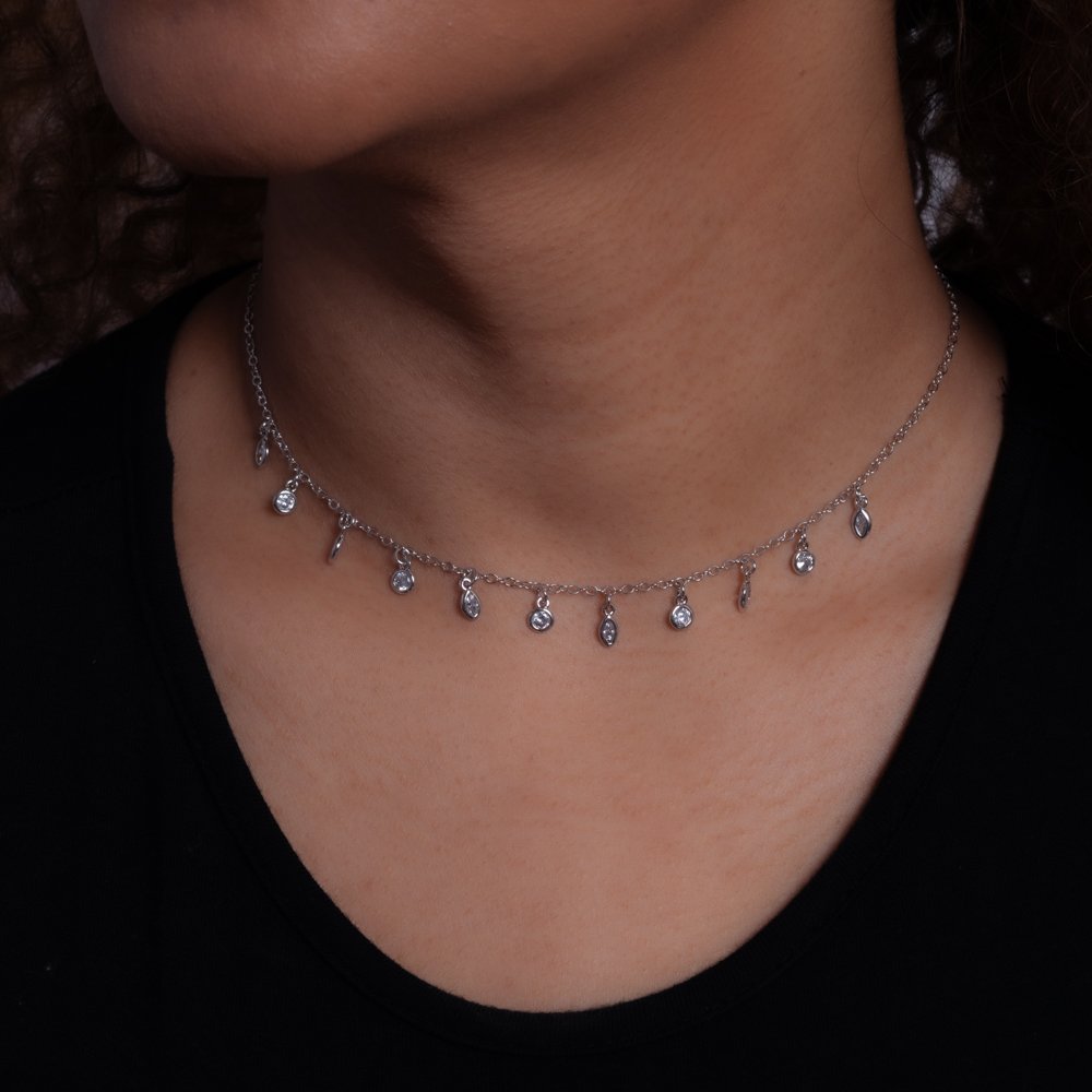 Clt-5826-Rd Choker Com Pingentes De Zircônias Ccristais - Ródio Branco (30cm.10cm).