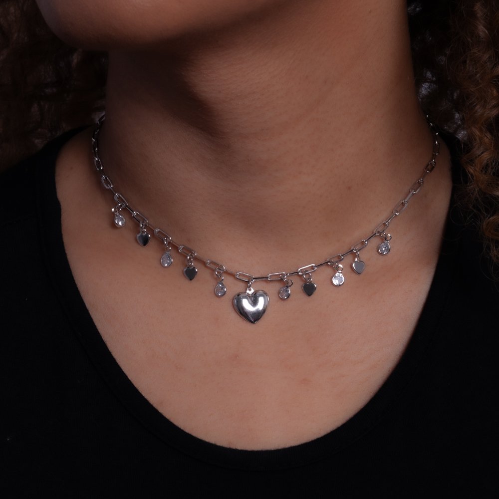 Clt-5827-Rd Choker Com Pingentes De Zircônias E Coração - Ródio Branco (30cm+10cm).