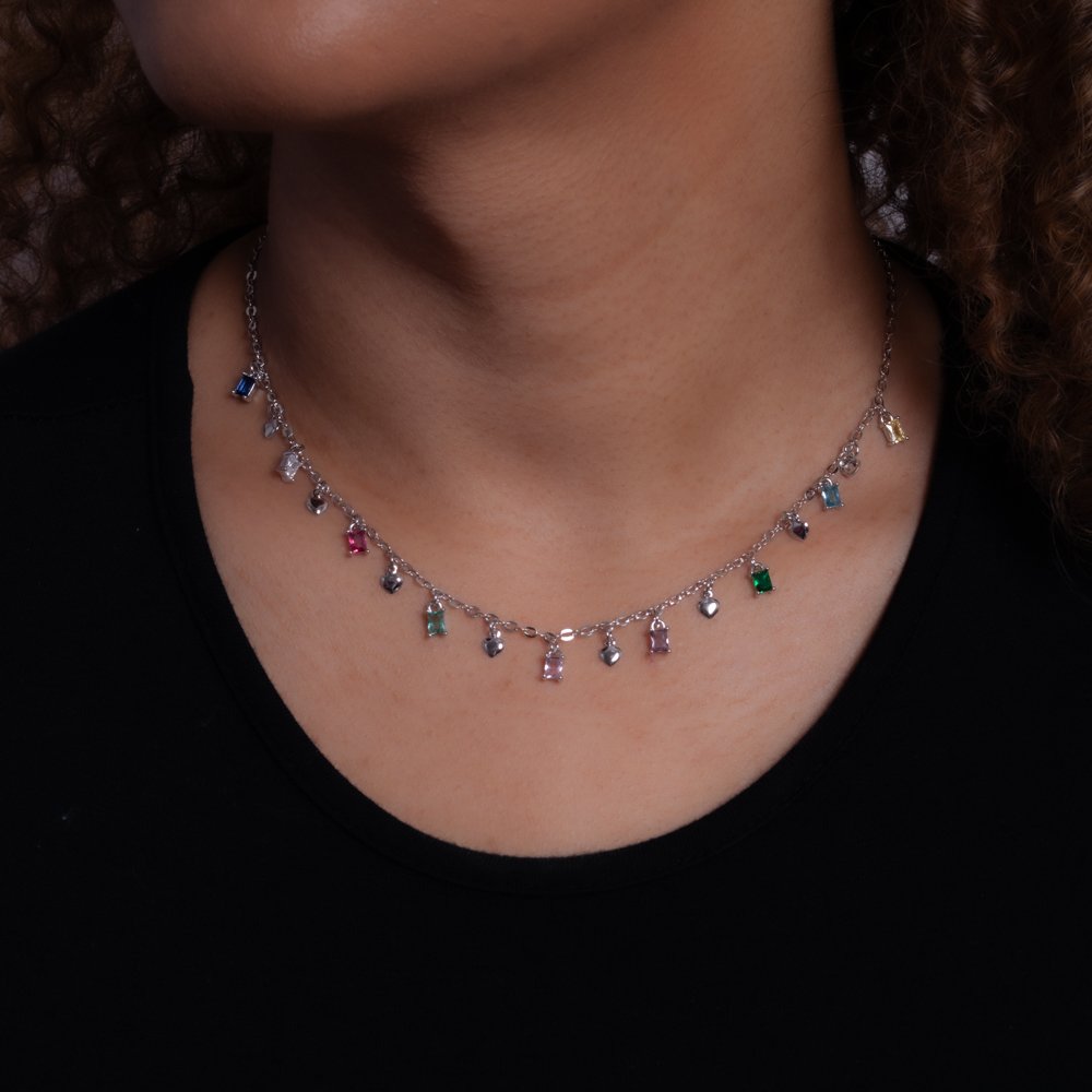 Clt-5828-Rd Choker Com Zircônias Coloridas E Corações - Ródio Branco (30cm+10cm).