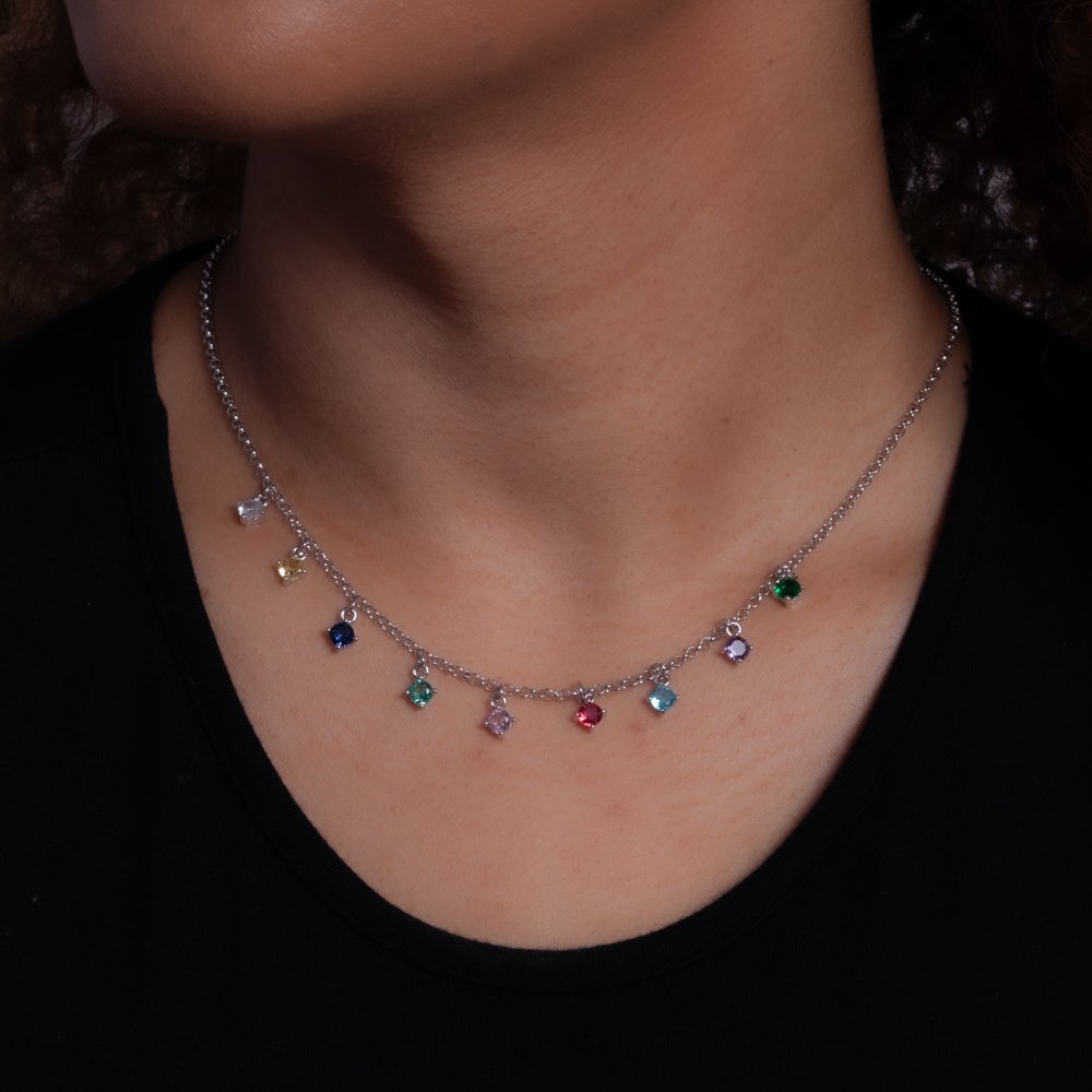 Clt-5829-Rd Choker Com Pingentes De Zircônias Coloridas - Ródio Branco (30cm+10cm).&Nbsp;