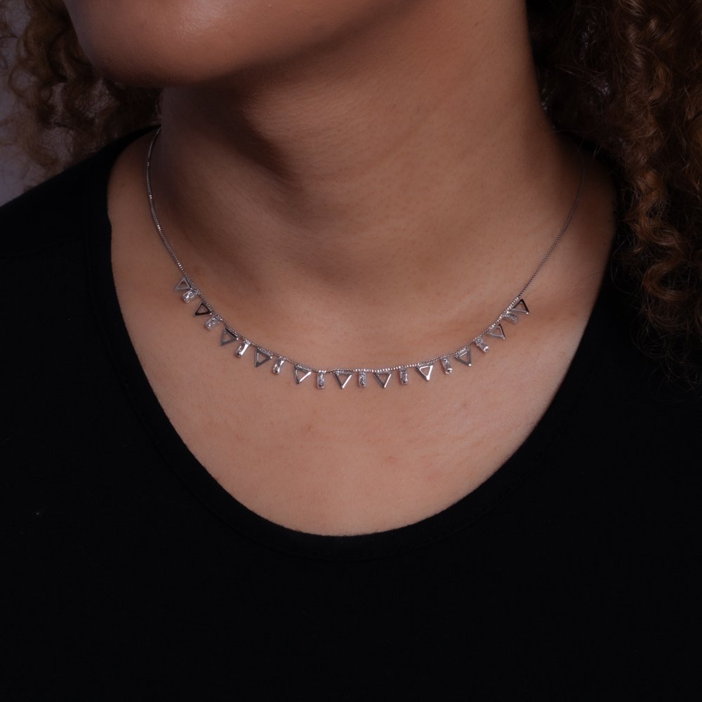 Clt-5830-Rd Choker Com Zircônias Cristais E Triângulos - Ródio Branco (30cm+10cm).