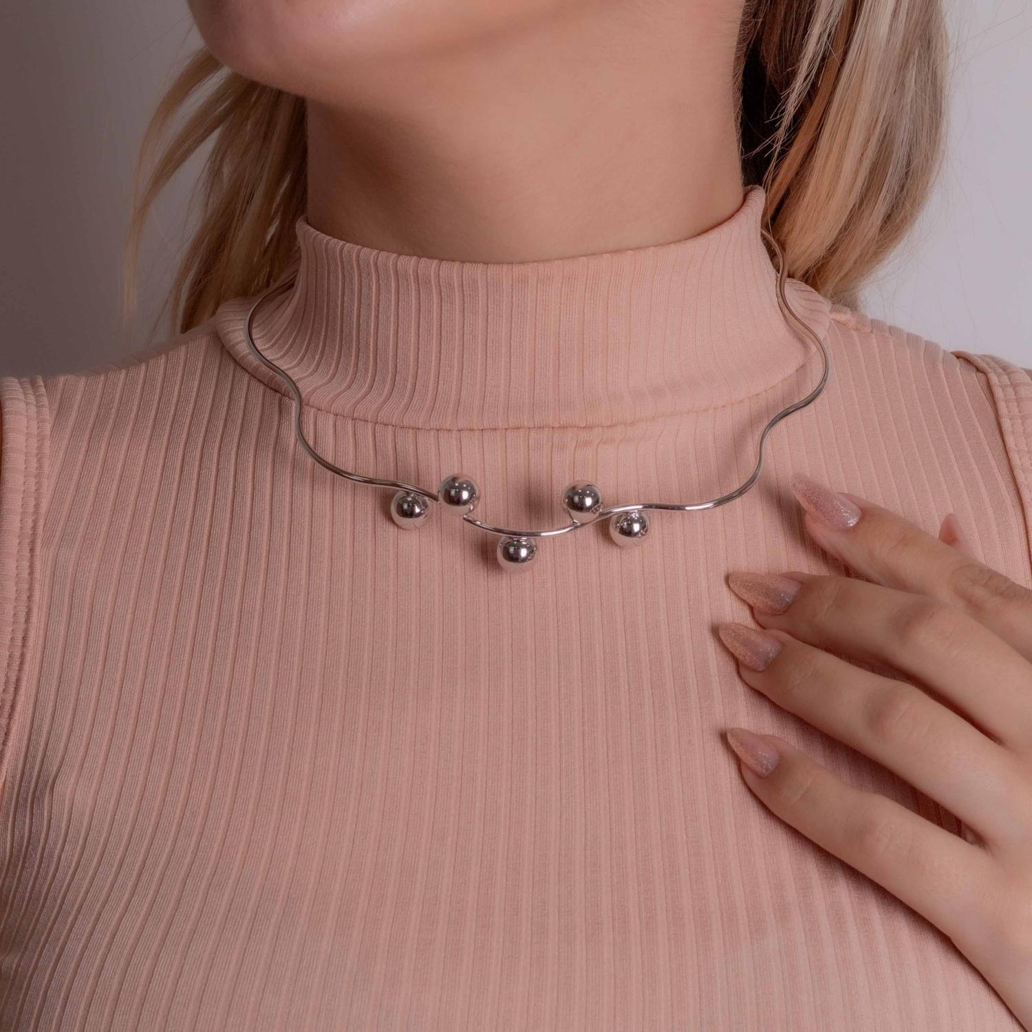 Clt-5839-Rd Choker Aro Ondulado Com Bolinhas - Ródio Branco.