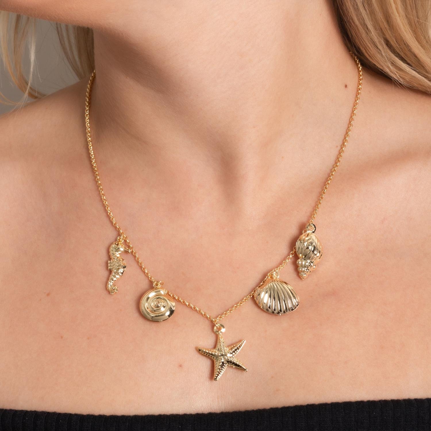 Clt-5858-Fo Colar Com Pingentes De Estrela Do Mar, Conjas E Cavalo Marinho (45cm+5cm).