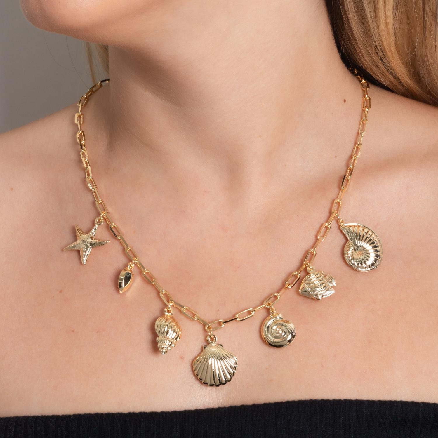 Clt-5860-Fo Colar Com Pingentes De Conchas, Estrela Do Mar E Cavalo Marinho (45cm+5cm).