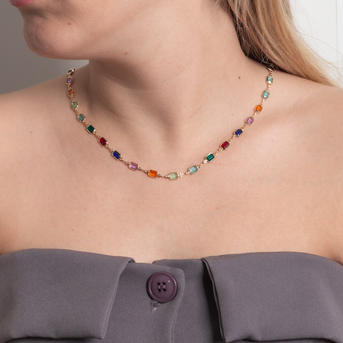 Clt-6010-Fo Colar Choker Com Zircônias Quadradas Coloridas (32cm+10cm).
