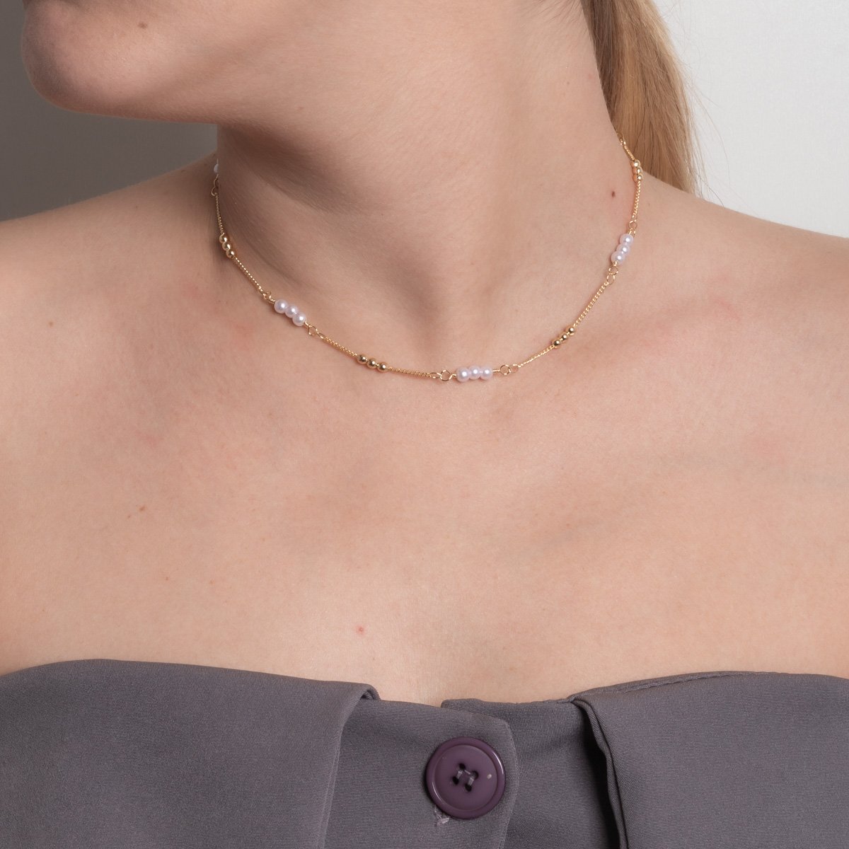 Clt-6049-Fo Choker Com Detalhes Em Pérolas E Bolinhas (30cm+10cm).