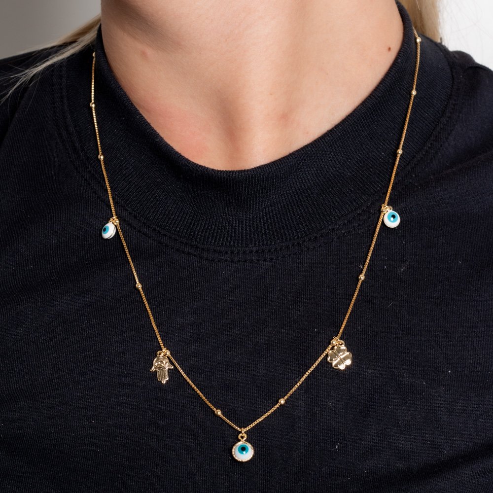 Clt-6052-Fo Colar Proteção Olho Grego, Mão De Fátima E Trevo (45cm).