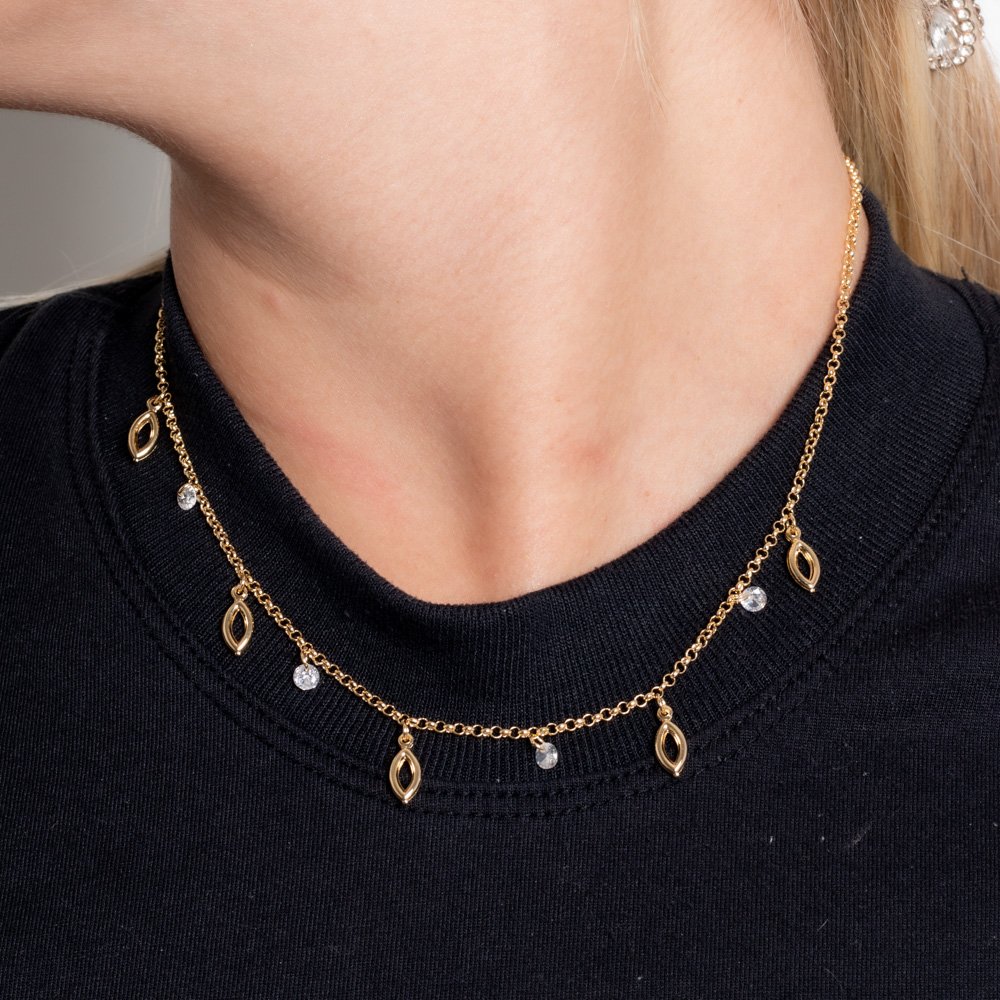 Clt-6053-Fo Choker Com Pingentes De Zircônia Cristais (32cm+10cm).