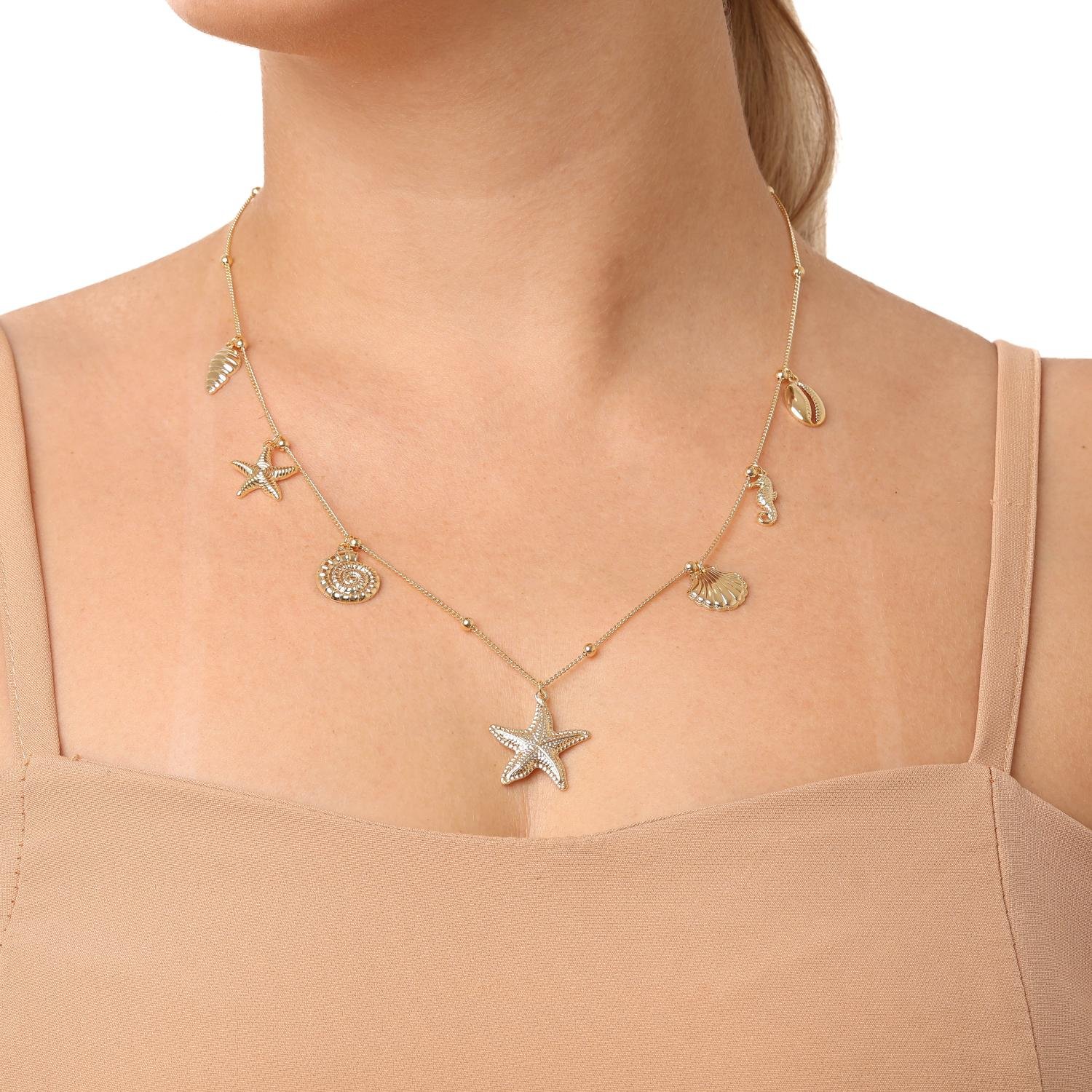 Clt-6094-Fo Colar Longo com Conchas e Estrela do Mar
