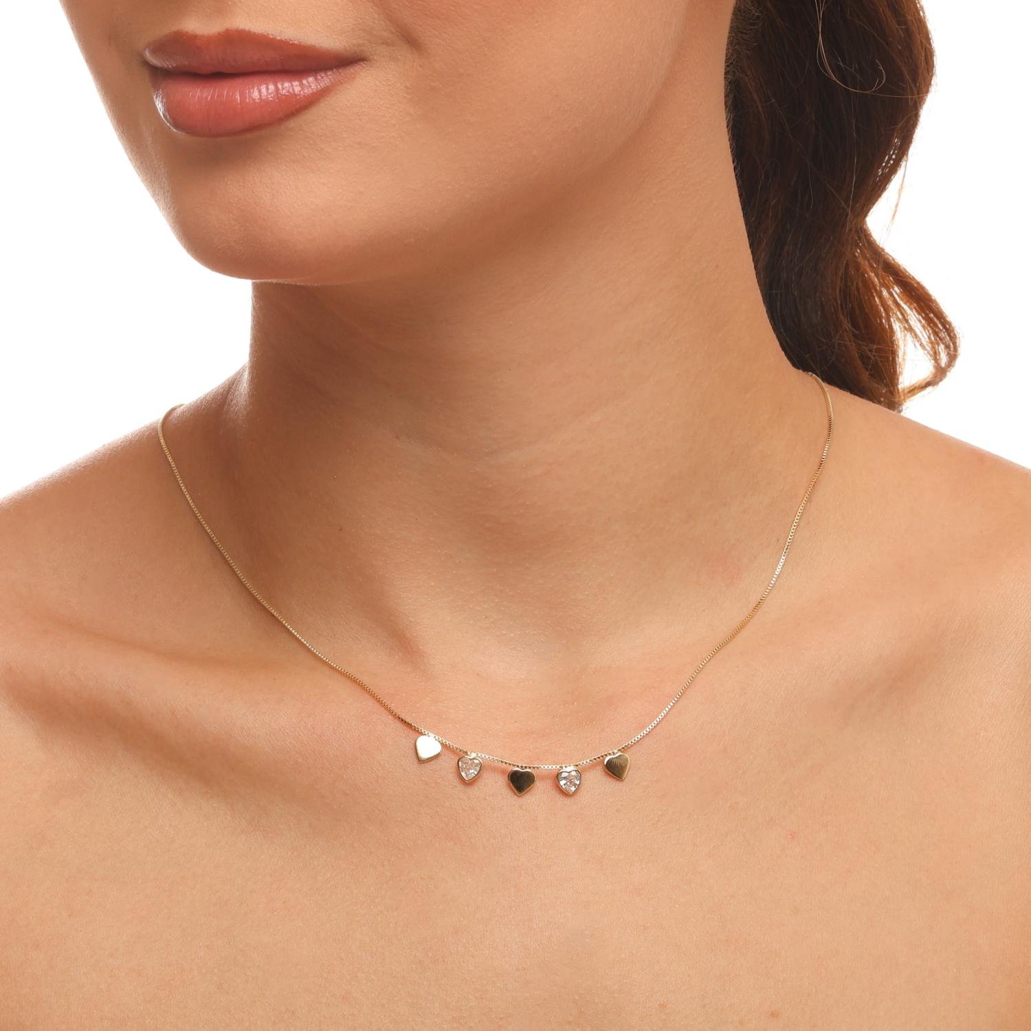 Clt-6209-Fo Choker Veneziana com Pingentes Coração Liso e Cristal