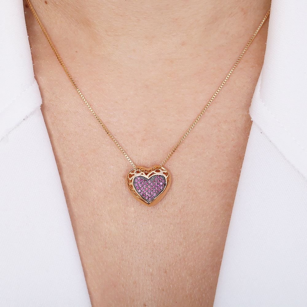 Clti-1105-Fo Colar Coração Vazado Com Zircônia Pink