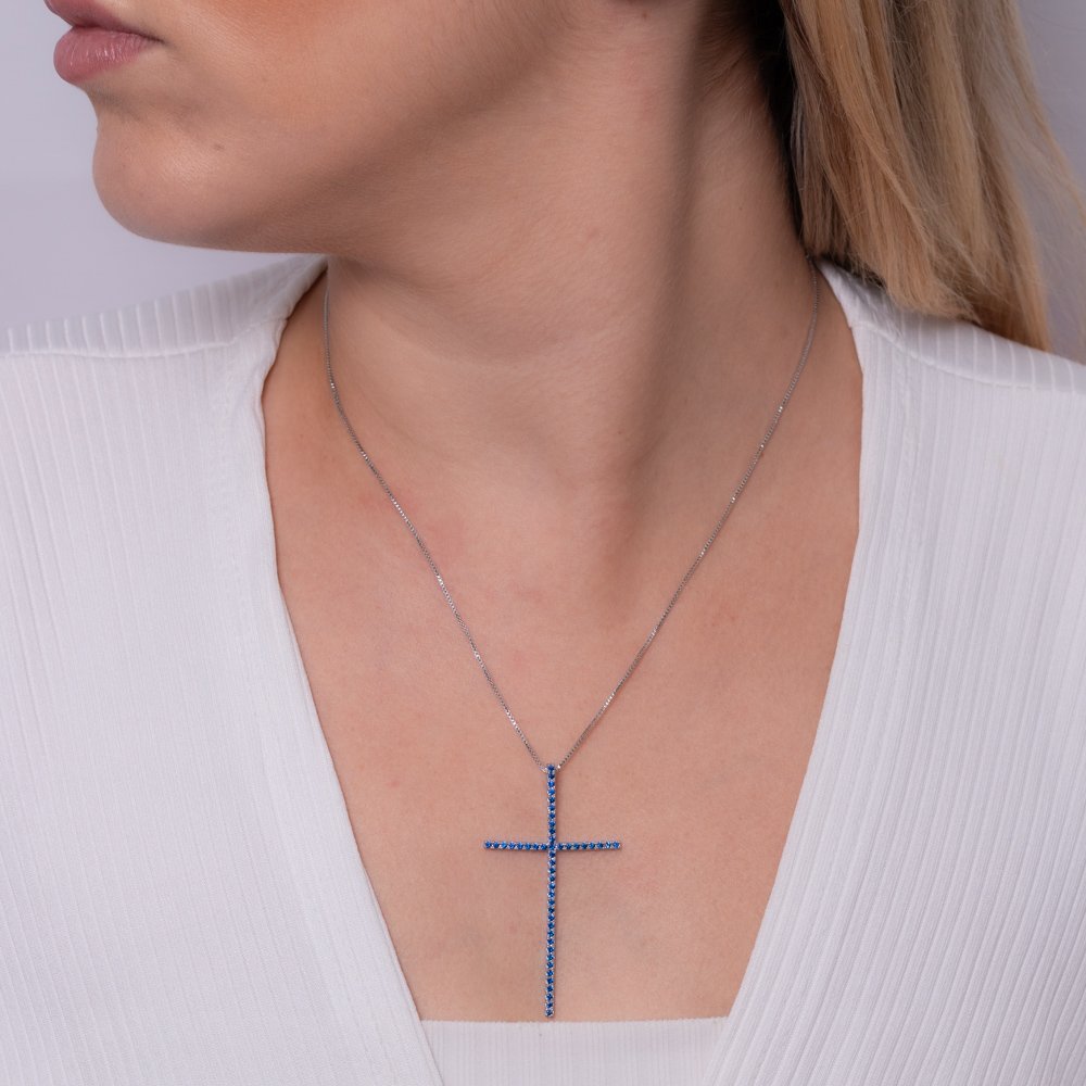 Clti-1151-Rd Colar De Cruz Cravejado De Zircônias Preto - Ródio Branco (45cm+5cm).