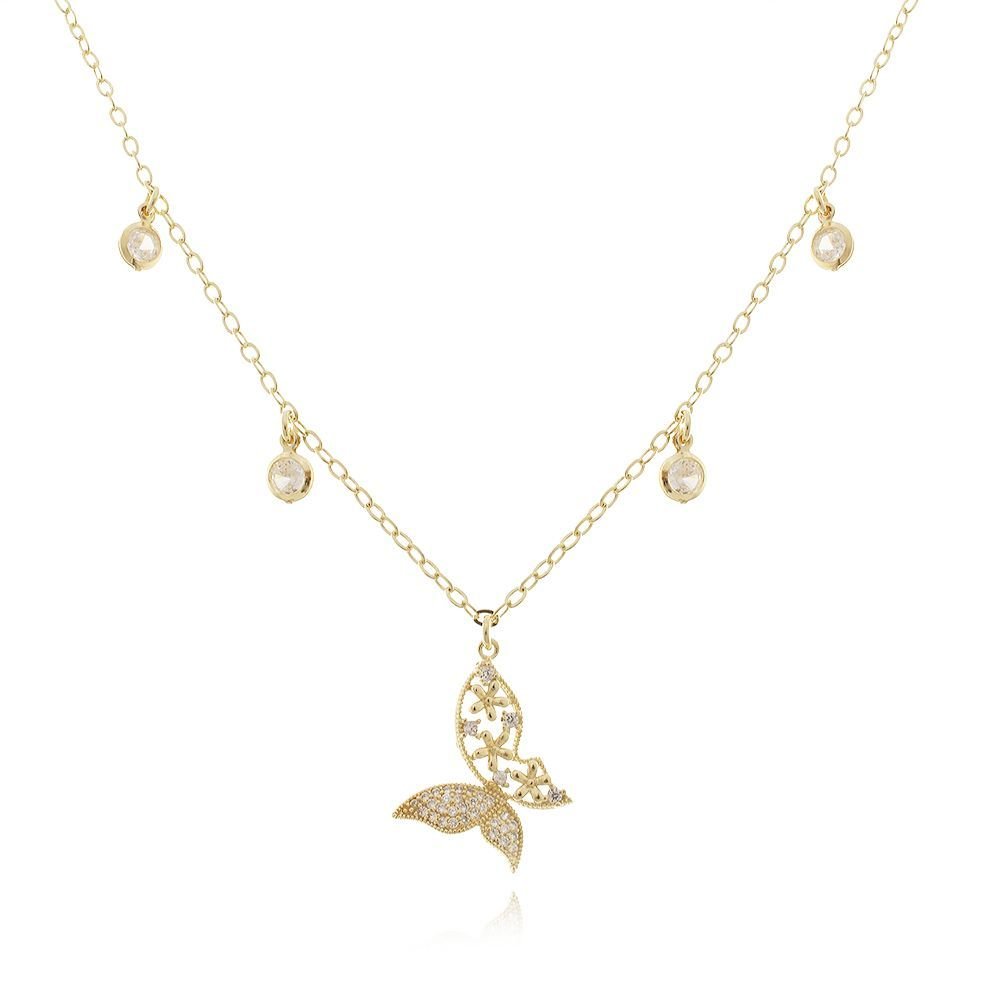 Clti-1279-Fo (45cm+5cm) Colar Com Borboleta Cravejada E Zircônias Coloridas