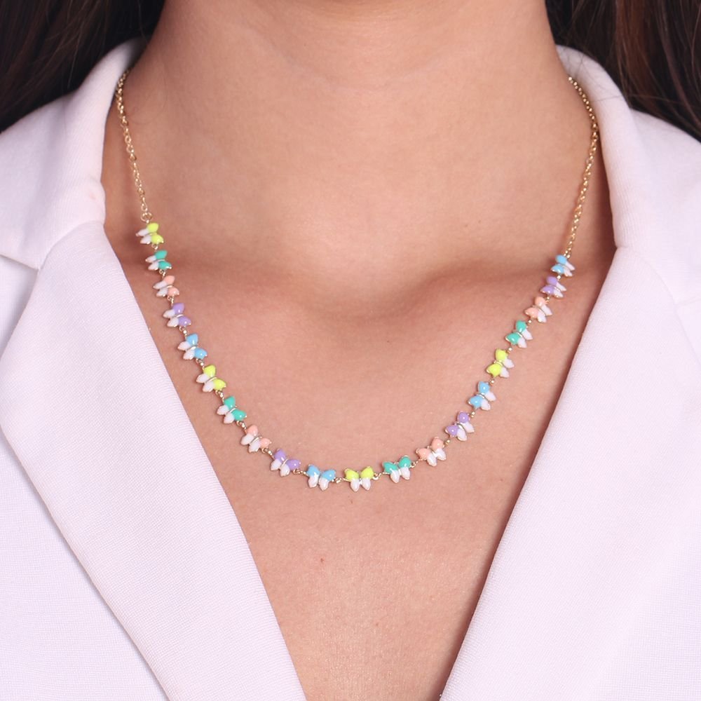 Clti-1401-Fo 36cm+10cm Choker Borboletas Coloridas