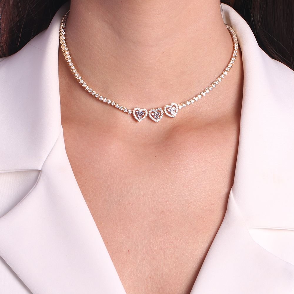 Clti-1429-Fo Choker Cravejada Três Corações (32cm+10cm)