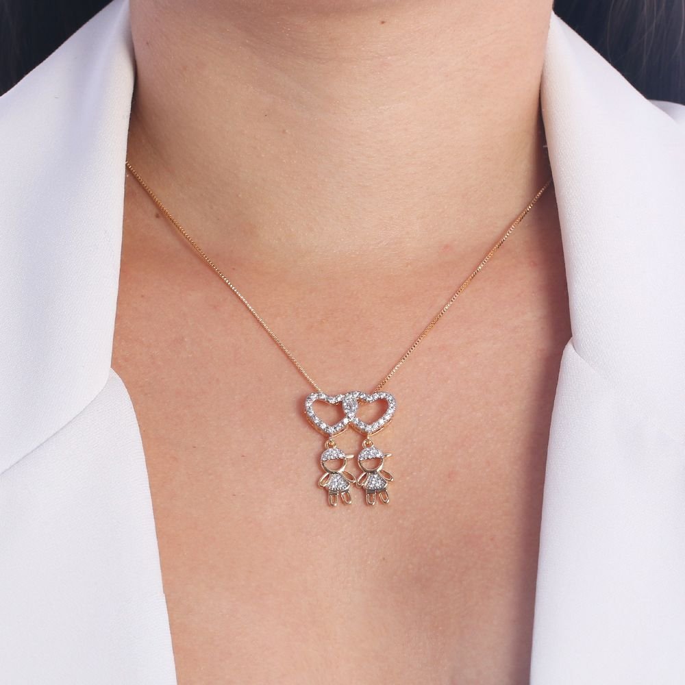 Clti-1434-Fo (45cm+5cm) Colar Com Dois Meninos E Corações Cravejado Cristal