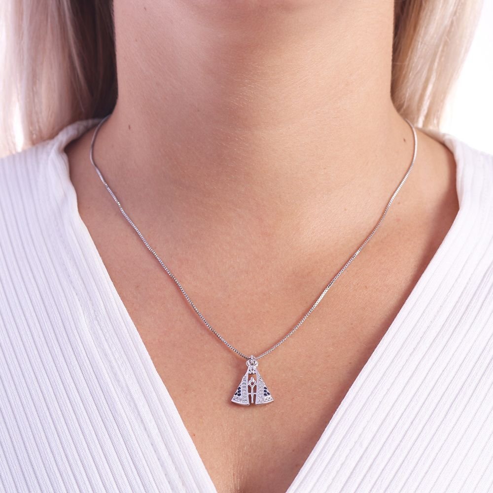 Clti-1456-Rd (Ródio) (45cm+5cm) Colar De Nossa Sra. Aparecida Cravejado De Zircônia Azul E Cristal 