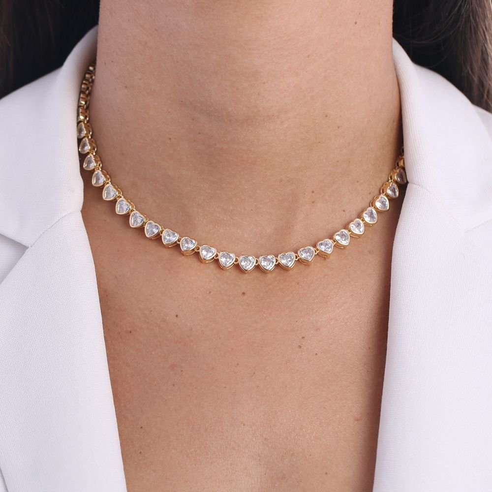 Clti-1493-Fo (35cm+8cm) Choker De Riviera De Corações Cristal