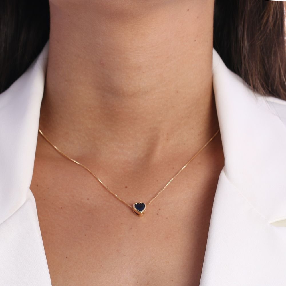 Clti-1519-Fo (45cm-5cm) Colar De Coração Pedra Azul Petróleo