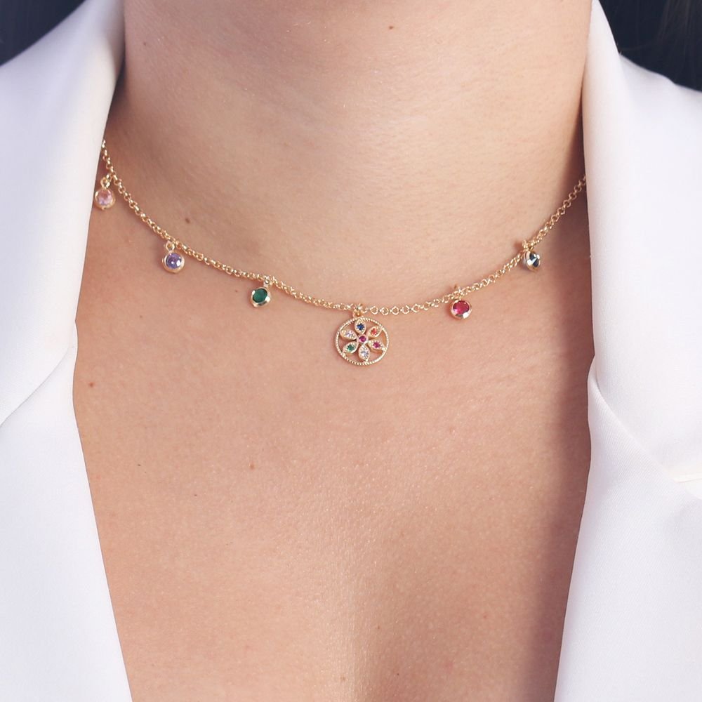 Clti-1533-Fo (40cm+5cm) Colar De Zircônias Coloridas E Flor Cravejada