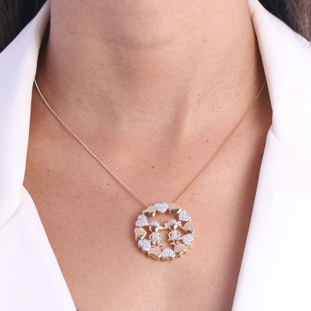 Clti-1556-Fo C/Ródio (45cm+45cm) Colar Com Menino E Menina E Corações Cravejado Cristal