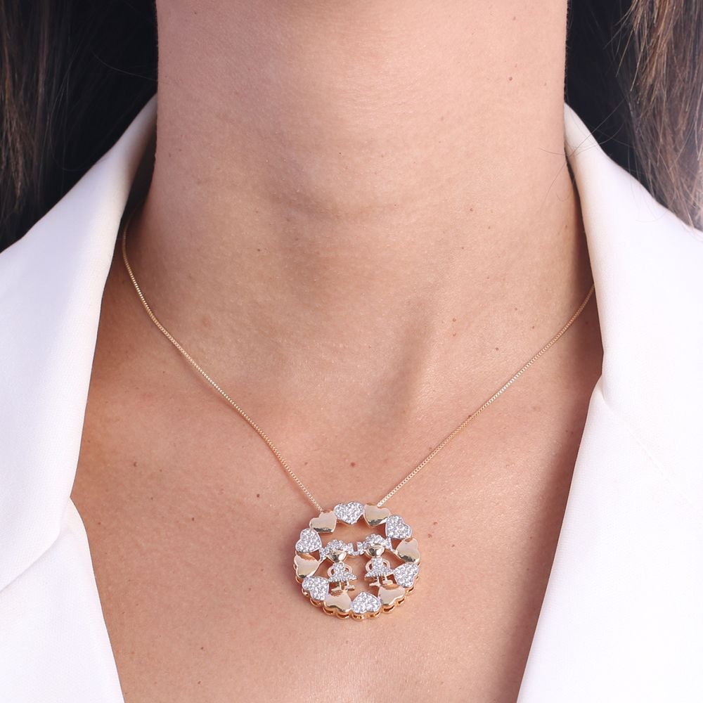 Clti-1557-Fo C/Ródio (45cm+5cm) Colar Com Duas Meninas E Corações Cravejado Cristal