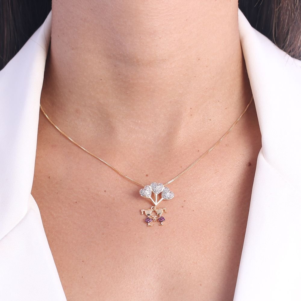 Clti-1560-Fo C/Ródio (45cm+5cm) Colar Com Duas Meninas Cravejado Cristal