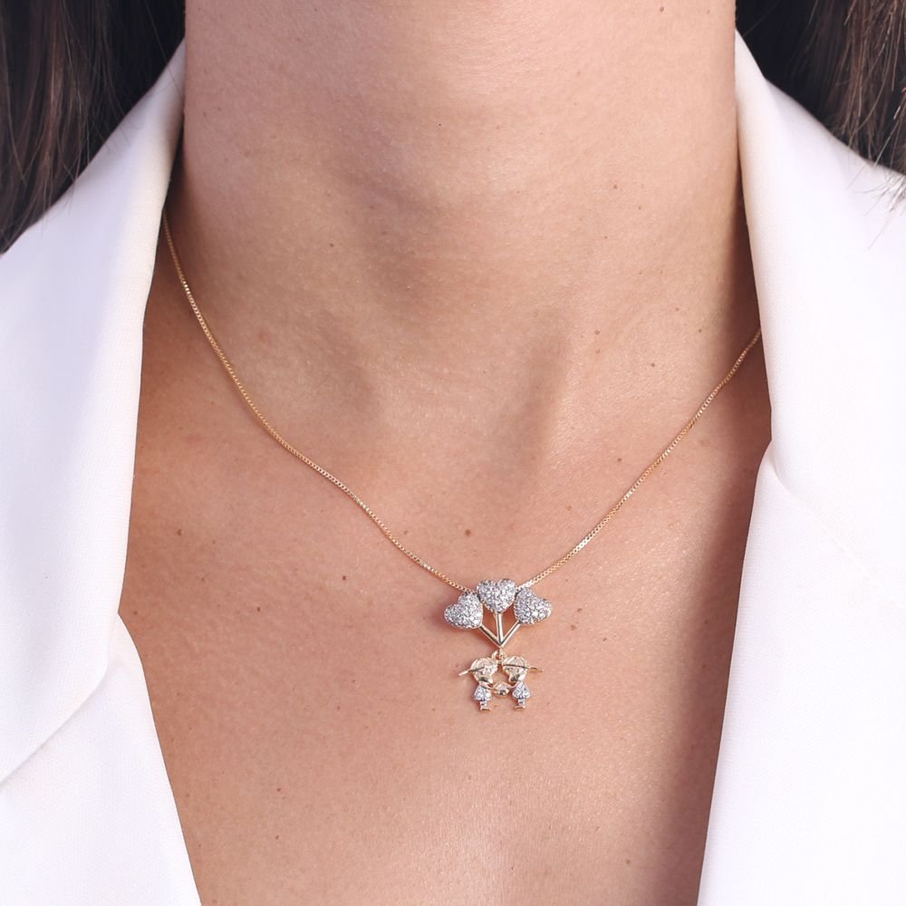 Clti-1561-Fo C/Ródio (45cm+5cm) Colar Com Dois Meninos Cravejado Cristal